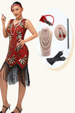 Sparkly Fringed Red Golden Sequins Midi 1920s Dress with 5 Piece Accessory Set