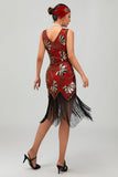 Sparkly Fringed Red Golden Sequins Midi 1920s Dress with 5 Piece Accessory Set