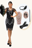 Sparkly Sequins Black Silver Beaded Midi 1920s Dress with 5 Piece Accessory Set