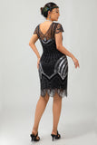 Sparkly Sequins Black Silver Beaded Midi 1920s Dress with 5 Piece Accessory Set