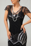 Sparkly Sequins Black Silver Beaded Midi 1920s Dress with 5 Piece Accessory Set