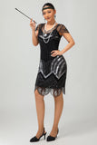 Sparkly Sequins Black Silver Beaded Midi 1920s Dress with 5 Piece Accessory Set
