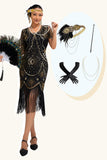Sparkly Black Golden Fringed Sequins 1920s Dress with 4 Piece Accessory Set