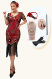 Sparkly Sequins Fringed Black Red 1920s Dress with 5 Piece Accessory Set