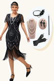 Sparkly Black Silver Fringed Sequins 1920s Dress with 5-Piece Accessories Set