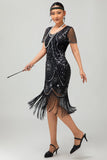 Sparkly Black Silver Fringed Sequins 1920s Dress with 5-Piece Accessories Set