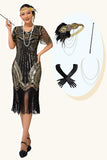 Sparkly Black Golden Sequins Fringed Midi 1920s Dress with Accessories Set