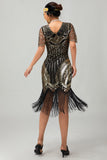 Sparkly Black Golden Sequins Fringed Midi 1920s Dress with Accessories Set