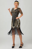 Sparkly Black Golden Sequins Fringed Midi 1920s Dress with Accessories Set