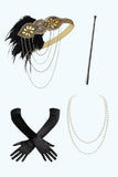 Sparkly Black Golden Fringed Sequins 1920s Dress with 4 Piece Accessory Set