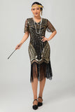Sparkly Black Golden Sequins Fringed Midi 1920s Dress with Accessories Set