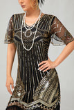 Sparkly Black Golden Sequins Fringed Midi 1920s Dress with Accessories Set