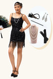 Saprkly Black Spaghetti Straps Fringed Sequins 1920s Dress with Accessories Set