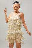 Sparkly Champagne Fringed Short 1920s Dress with 5-Piece Accessories Set
