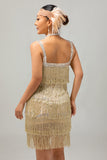 Sparkly Champagne Fringed Short 1920s Dress with 5-Piece Accessories Set
