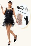 Sparkly Black Fringed Bodycon Short 1920s Dress with 5-Piece Accessories Set