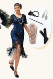 Sparkly Black Blue Sequins Fringed Midi 1920s Dress with 5-Piece Accessories Set