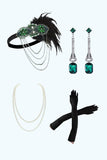 Sparkly Green Golden Beaded Fringed 1920s Dress with 4-Piece Accessories Set