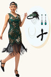 Sparkly Green Golden Beaded Fringed 1920s Dress with 4-Piece Accessories Set