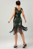 Sparkly Green Golden Beaded Fringed 1920s Dress with 4-Piece Accessories Set