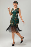 Sparkly Green Golden Beaded Fringed 1920s Dress with 4-Piece Accessories Set