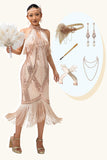 Sparkly Champagne Sequins Halter Fringed 1920s Dress with 5-Piece Accessories Set
