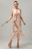 Sparkly Champagne Sequins Halter Fringed 1920s Dress with 5-Piece Accessories Set