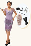Sparkly Purple Sequins Gatsby Midi 1920s Dress with 5-Piece Accessories Set