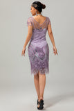 Sparkly Purple Sequins Gatsby Midi 1920s Dress with 5-Piece Accessories Set