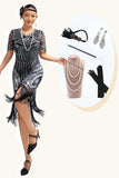 Sparkly Black Silver Sequins Fringed Midi 1920s Dress with 5-Piece Accessories Set