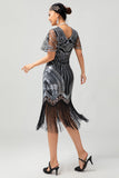 Sparkly Black Silver Sequins Fringed Midi 1920s Dress with 5-Piece Accessories Set