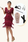 Bodycon Sequin Burgundy Tiered Fringed Sequin 1920s Dress with 5-Piece Accessories Set