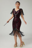 Burgundy Bodycon Sequin Fringed 1920s Dress With 5-Piece Accessories Set
