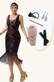 Burgundy Sequin Fringed Bodycon 1920s Dress With 5-Piece Accessories Set