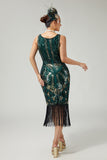 Sparkly Dark Green Fringed Bodycon 1920s Dress With 5-Piece Accessories Set