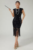 Black Bodycon Sequins Fringed 1920s Dress With 5-Piece Accessories Set