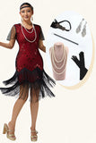 Black Red Fringed Bodycon Beaded 1920s Dress With 5-Piece Accessories Set