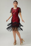 Black Red Fringed Bodycon Beaded 1920s Dress With 5-Piece Accessories Set