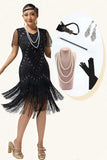 Black Silver Beaded Bodycon Fringed 1920s Dress With 5-Piece Accessories Set