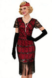 Black Red Beaded Sequins V-Neck Bodycon Fringed Midi 1920s Dress With 5-Piece Accessories Set