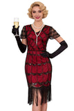 Black Red Beaded Sequins V-Neck Bodycon Fringed Midi 1920s Dress With 5-Piece Accessories Set