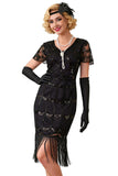 Black V-Neck Bodycon Sequins Fringed Beaded Midi 1920s Dress With 5-Piece Accessories Set