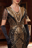 Sparkly Black Golden Bodycon Fringed Sheer Short Sleeves Midi 1920s Dress With 4-Piece Accessories Set