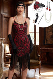 Black Red Sequins Spaghetti Straps Bodycon Fringed Midi 1920s Dress With 5-Piece Accessories Set