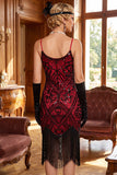 Black Red Sequins Spaghetti Straps Bodycon Fringed Midi 1920s Dress With 5-Piece Accessories Set
