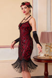 Black Red Sequins Spaghetti Straps Bodycon Fringed Midi 1920s Dress With 5-Piece Accessories Set