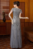 Grey Round Neck Sequins Sheath Long Cap Sleeves 1920s Dress With 20s Accessories Set