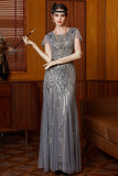 Grey Round Neck Sequins Sheath Long Cap Sleeves 1920s Dress With 20s Accessories Set
