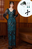 Sparkly Black Blue Sheath V-Neck Sequins Long Roaring 1920s Dress With 4-Piece Accessories Set