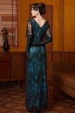 Sparkly Black Blue Sheath V-Neck Sequins Long Roaring 1920s Dress With 4-Piece Accessories Set